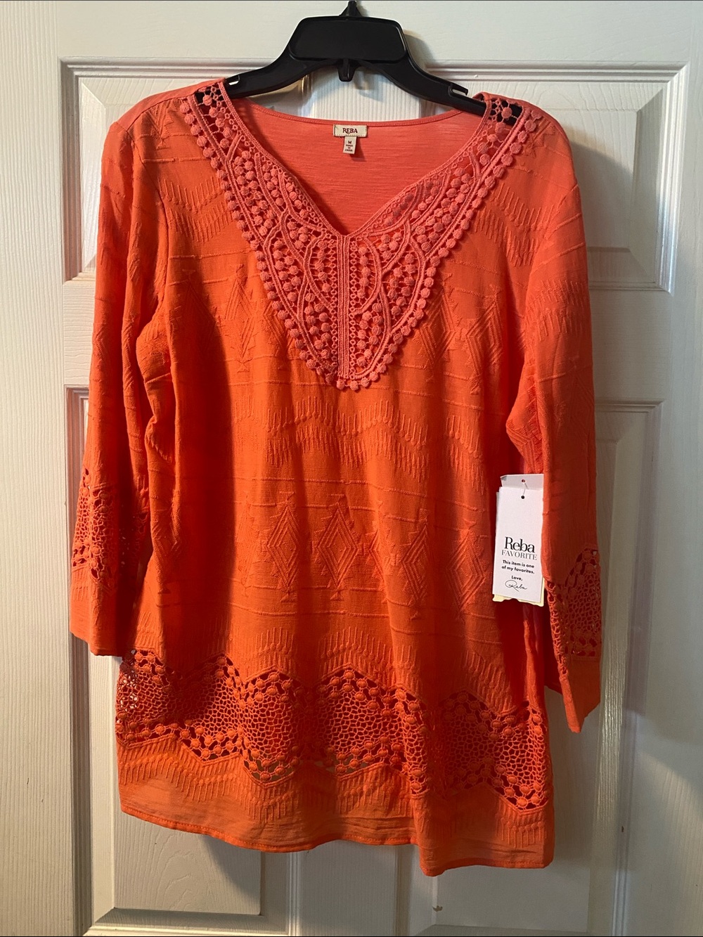 Reba Bright Orange Crochet V-Neck Tunic Top